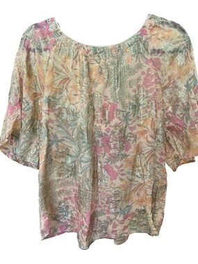 LOFT Floral Metallic Puff-Sleeve Blouse - Pink, Gold & Blue